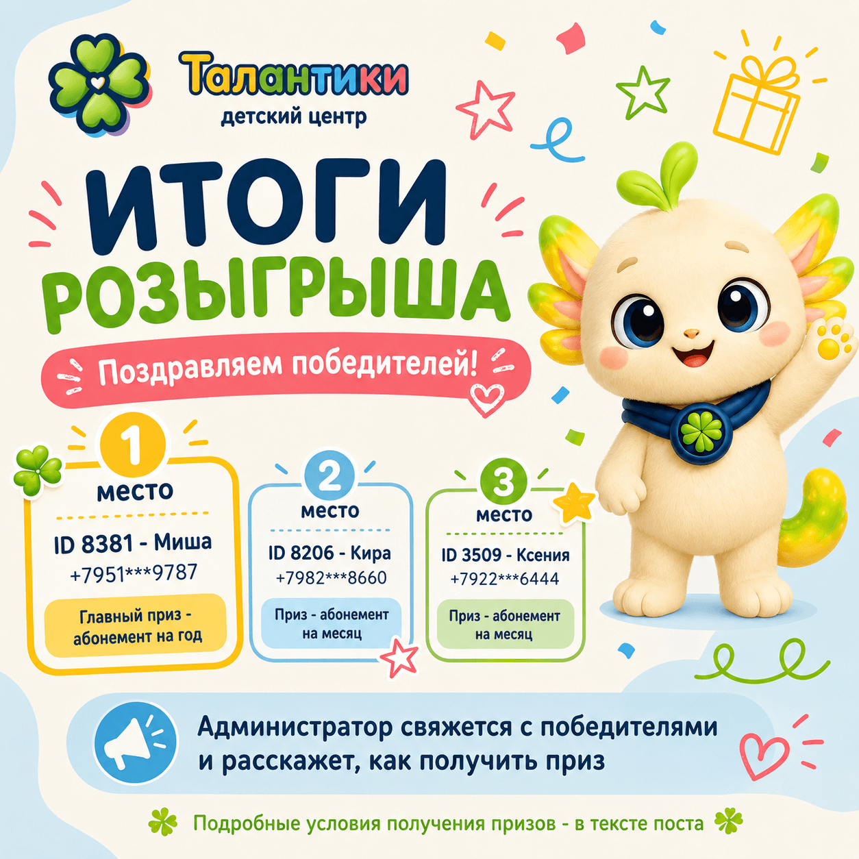 Итоги розыгрыша Талантиков: Миша, Кира и Ксения — победители